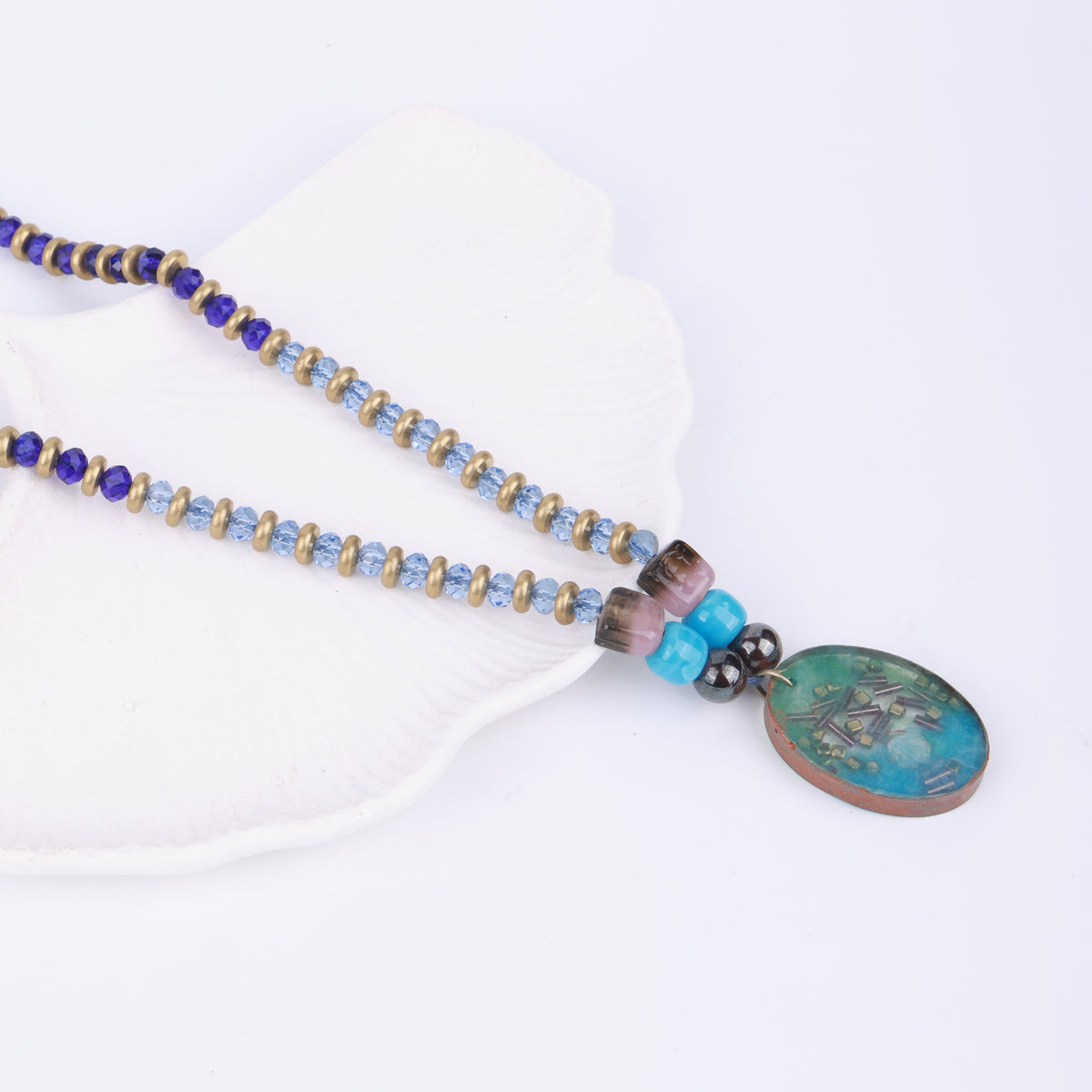 Resin Pendant Necklace with Blue & Copper Beads