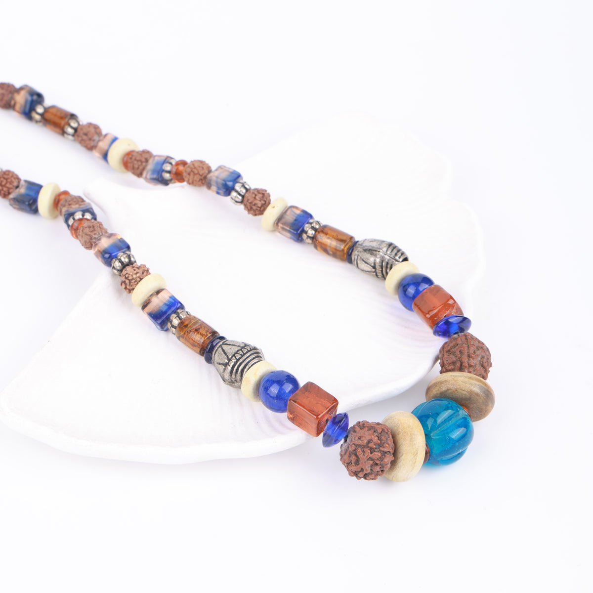 Rudraksha Necklace with German Silver & Glass Beads