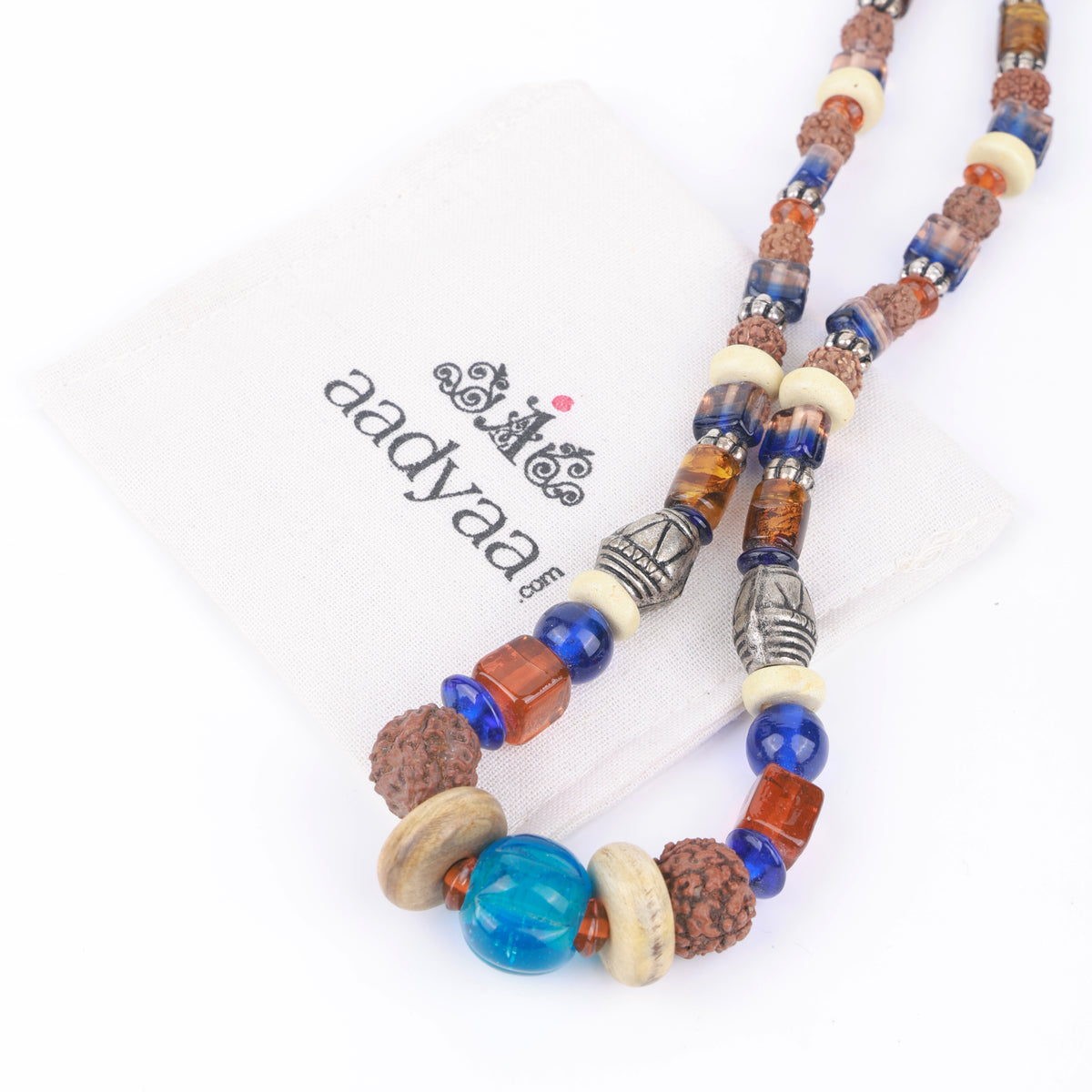 Rudraksha Necklace with German Silver & Glass Beads