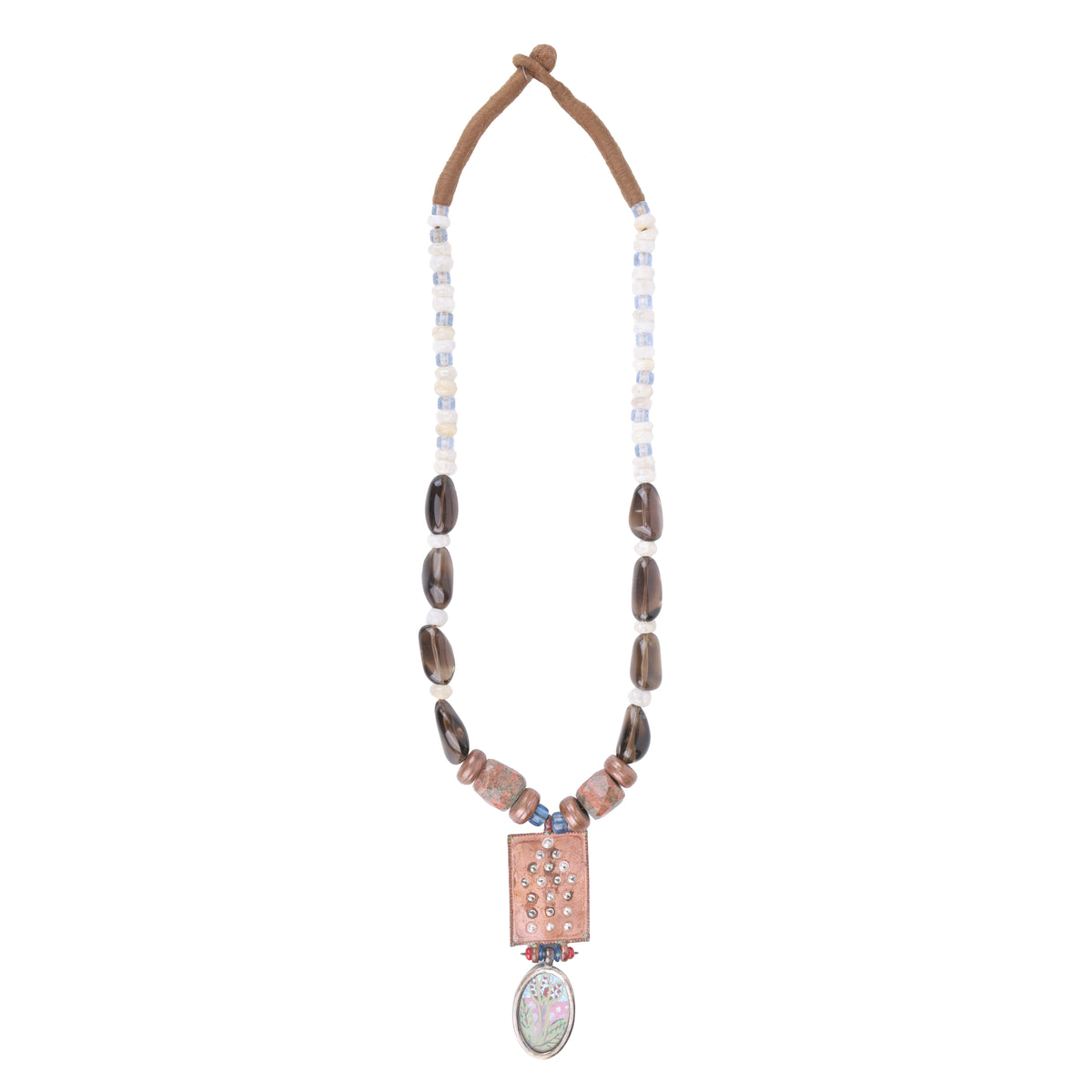 Hand-Painted 95T Silver Pendant Necklace with Copper, Moonstone, Smoky Topaz, Unakite & Glass Beads