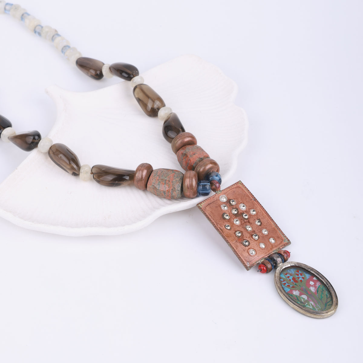 Hand-Painted 95T Silver Pendant Necklace with Copper, Moonstone, Smoky Topaz, Unakite & Glass Beads