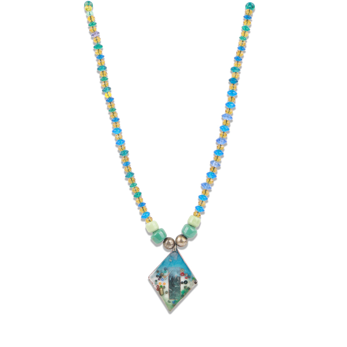 Resin Pendant Necklace with Blue & Yellow Beads