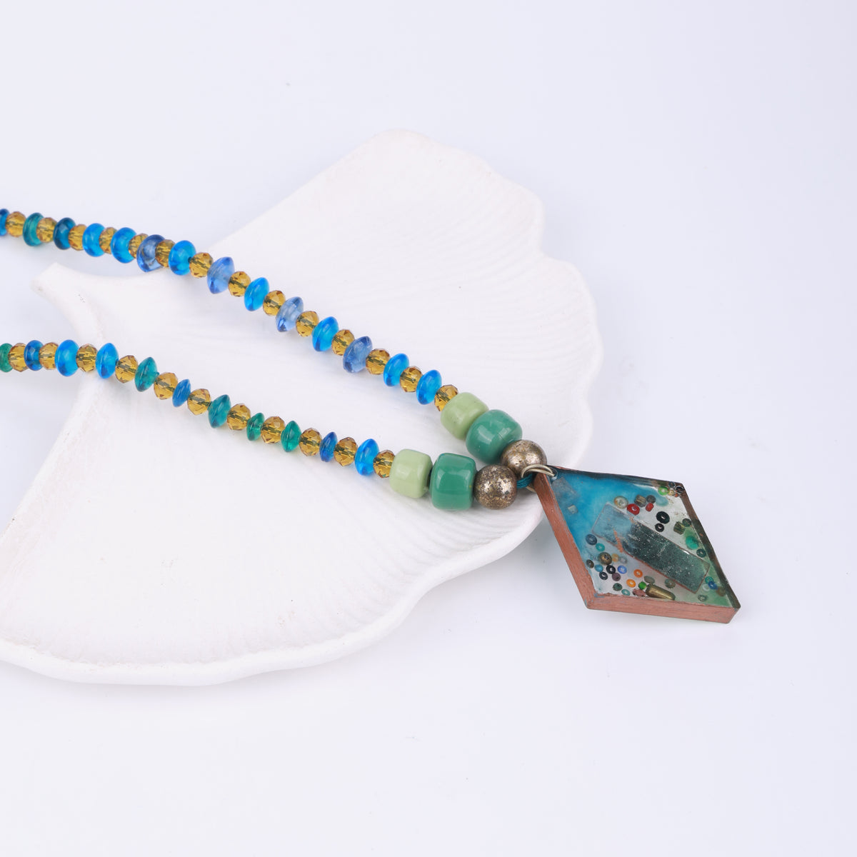 Resin Pendant Necklace with Blue & Yellow Beads
