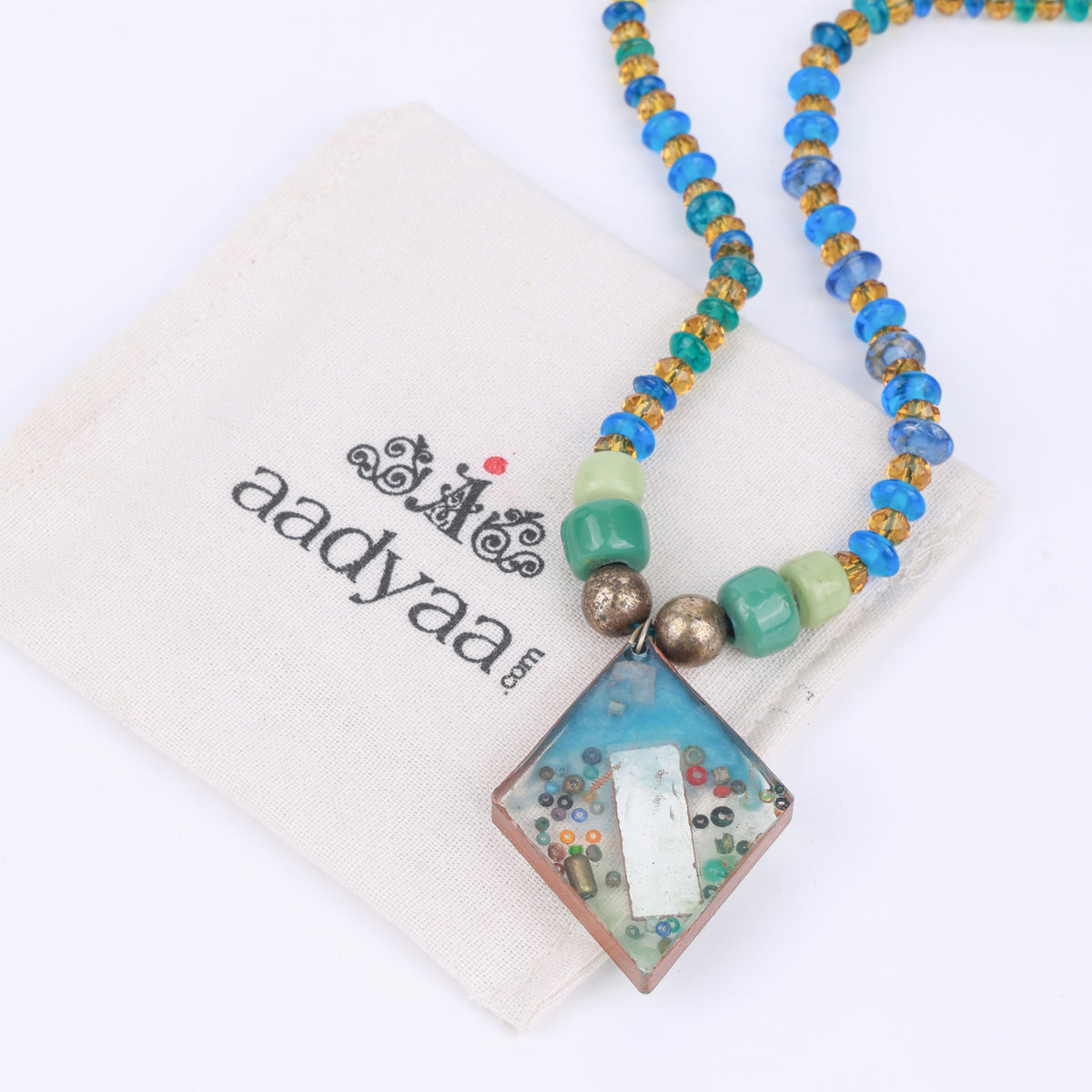 Resin Pendant Necklace with Blue & Yellow Beads