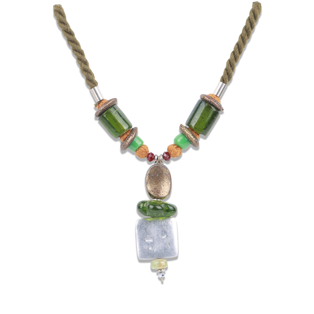 Green Beaded Necklace with Brass & Aluminium