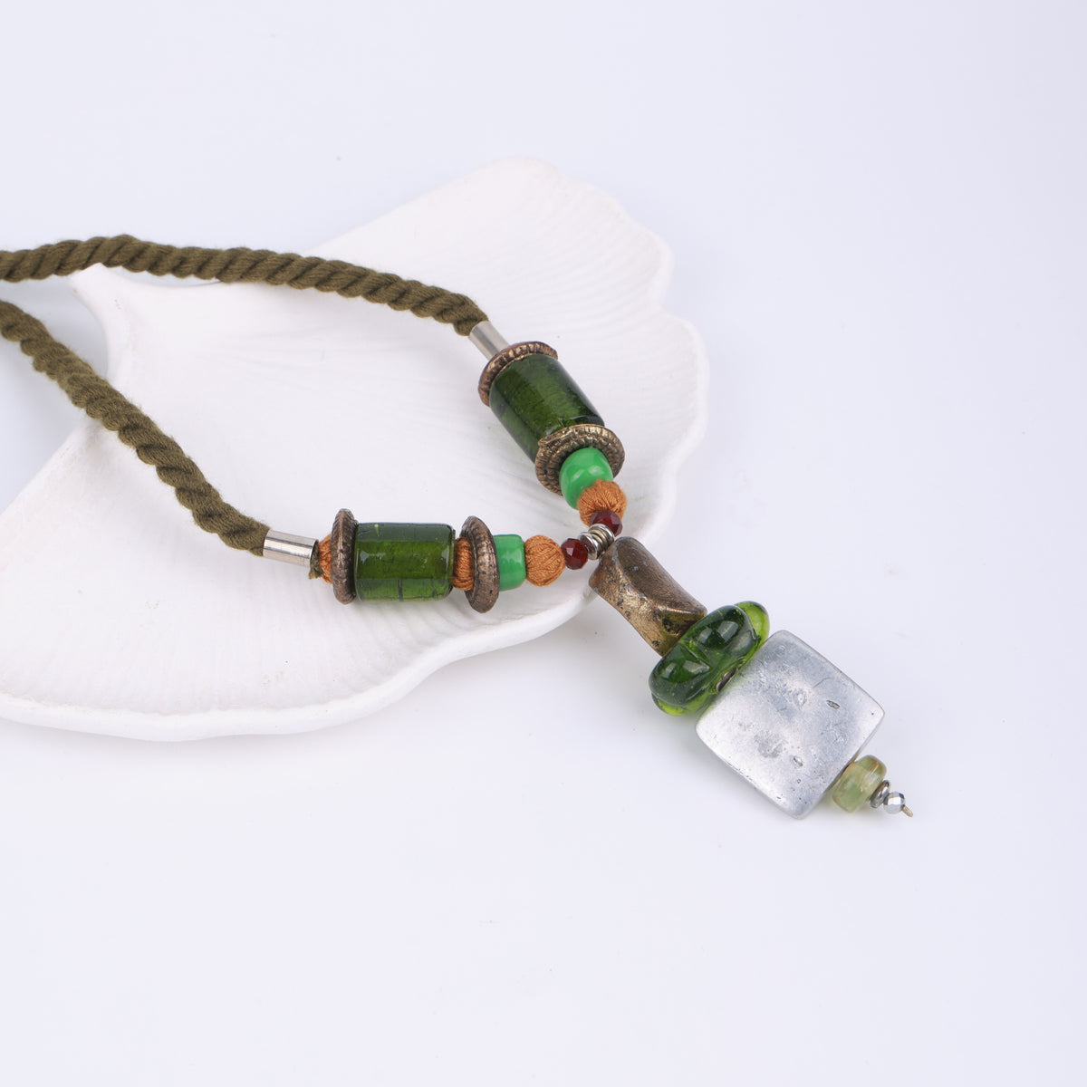 Green Beaded Necklace with Brass & Aluminium