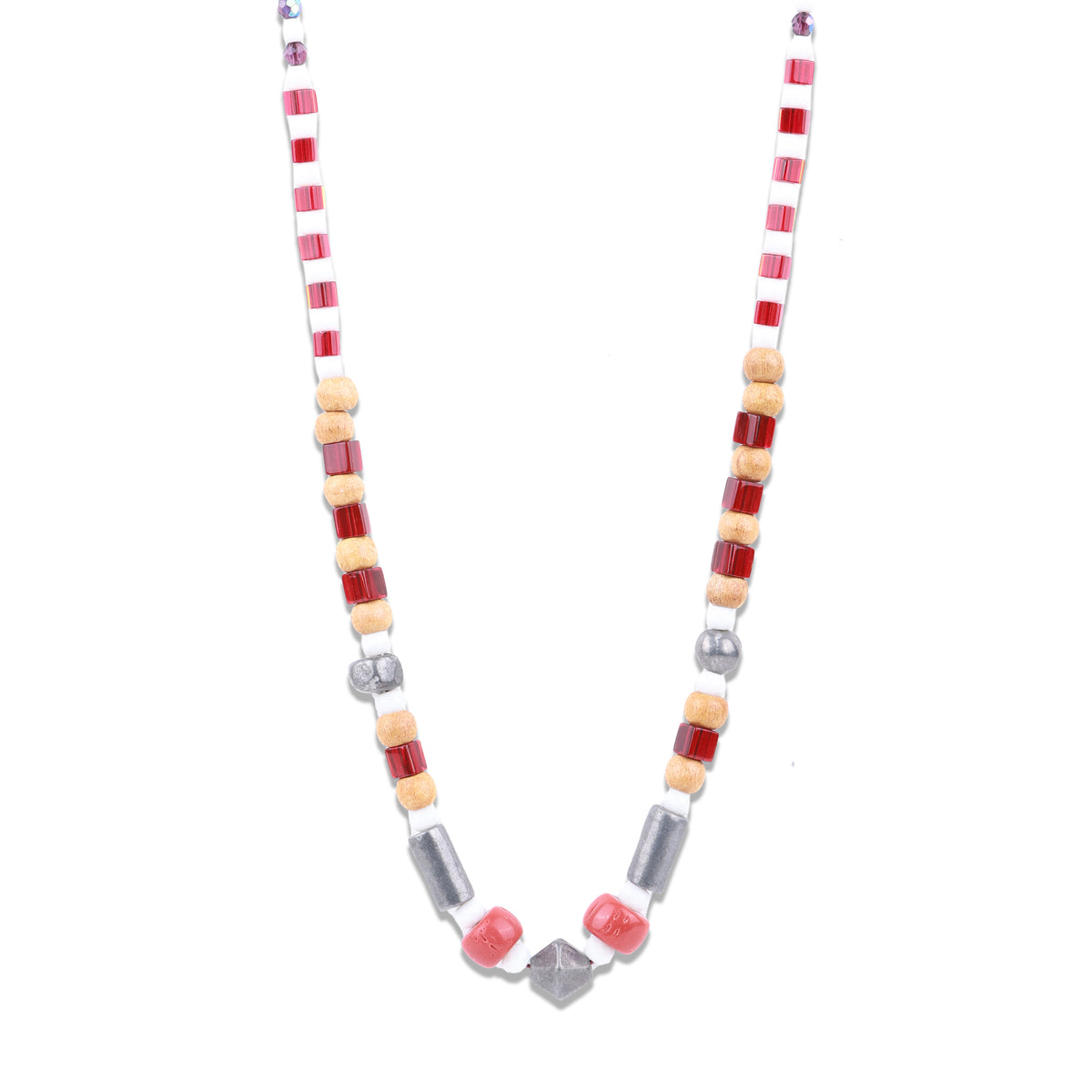 Glass Bead Necklace with Wooden, Red & White Beads
