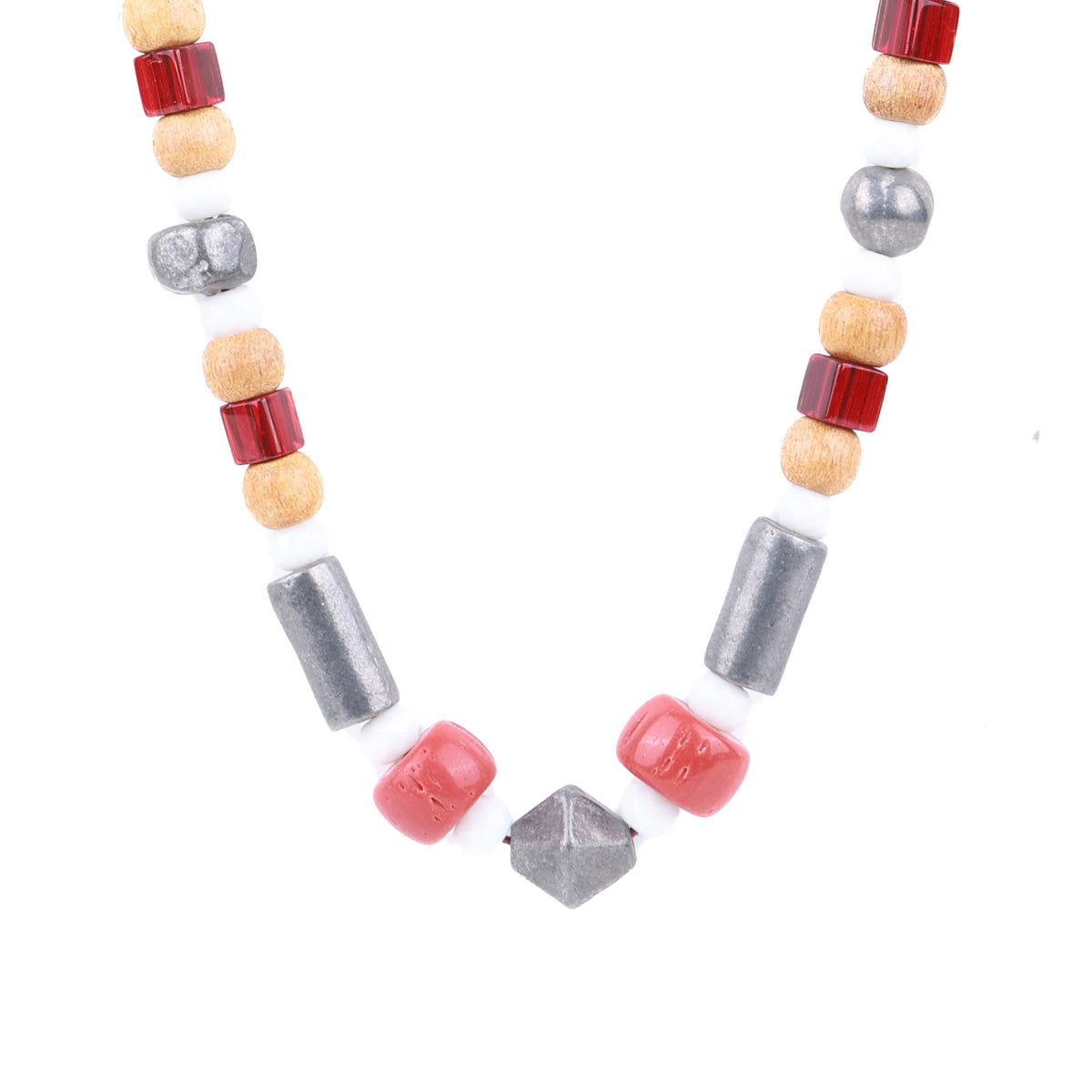 Glass Bead Necklace with Wooden, Red & White Beads