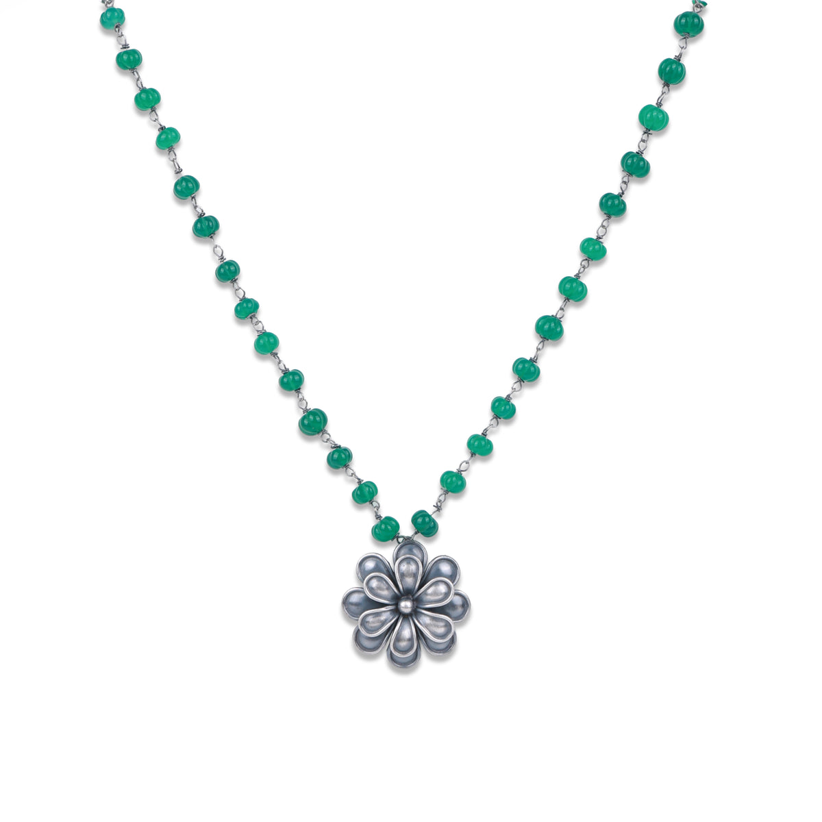 Silver Oxidised Flower Necklace with Green Onyx