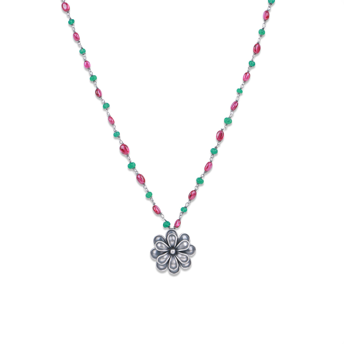 Silver Oxidised Flower Necklace with Ruby & Green Onyx