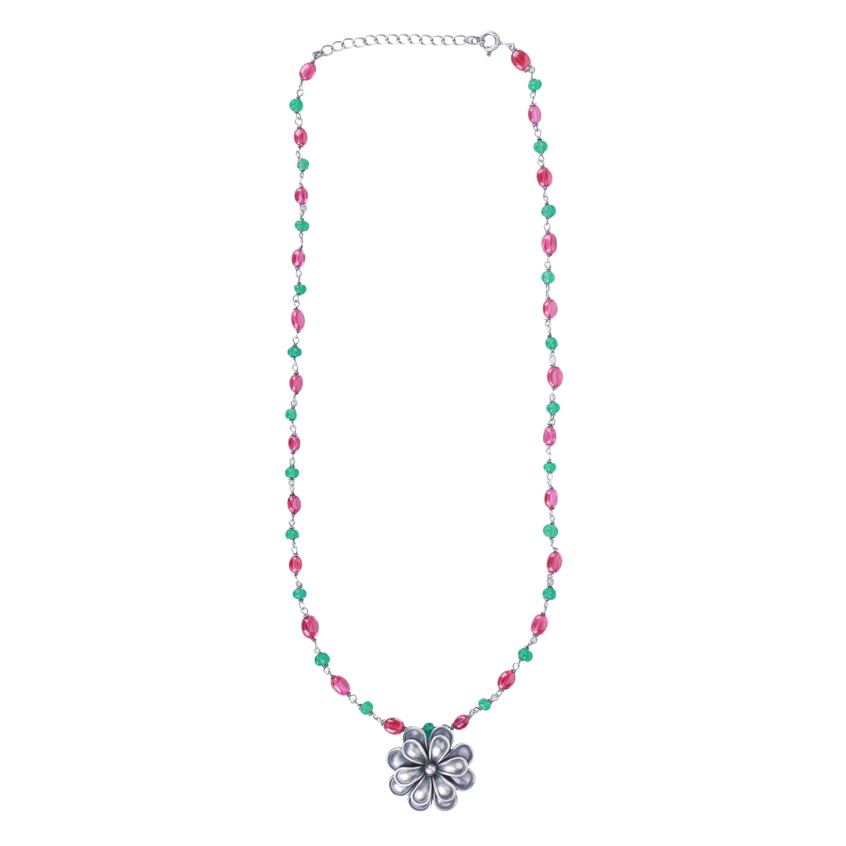 Silver Oxidised Flower Necklace with Ruby & Green Onyx