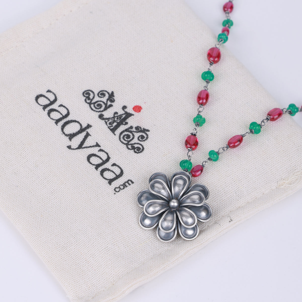 Silver Oxidised Flower Necklace with Green Onyx