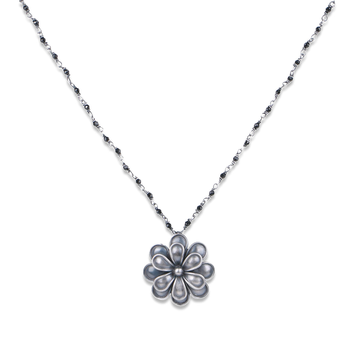 Silver Oxidised Flower Necklace with Black Spinel