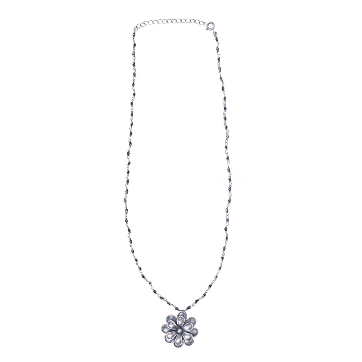 Silver Oxidised Flower Necklace with Black Spinel