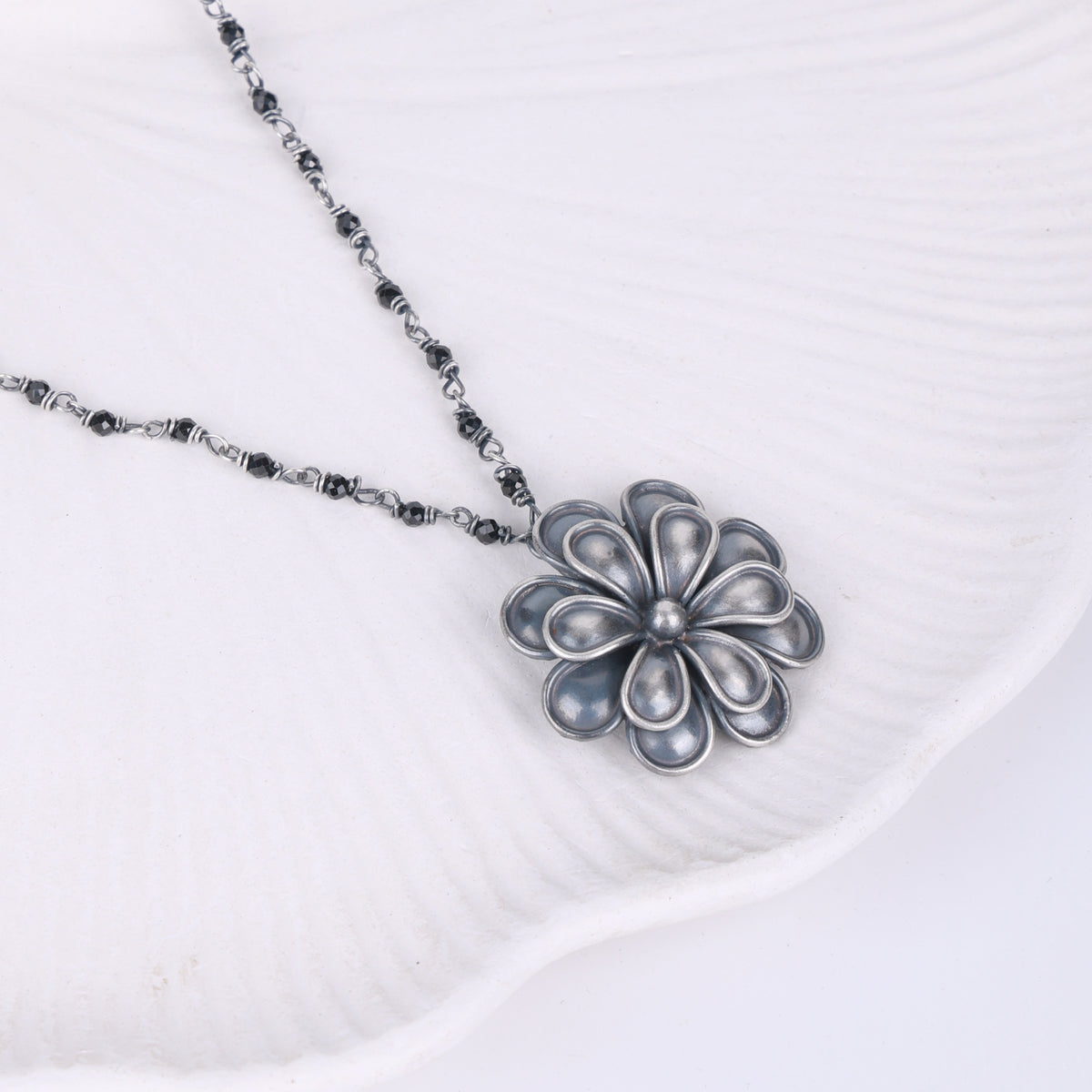 Silver Oxidised Flower Necklace with Black Spinel