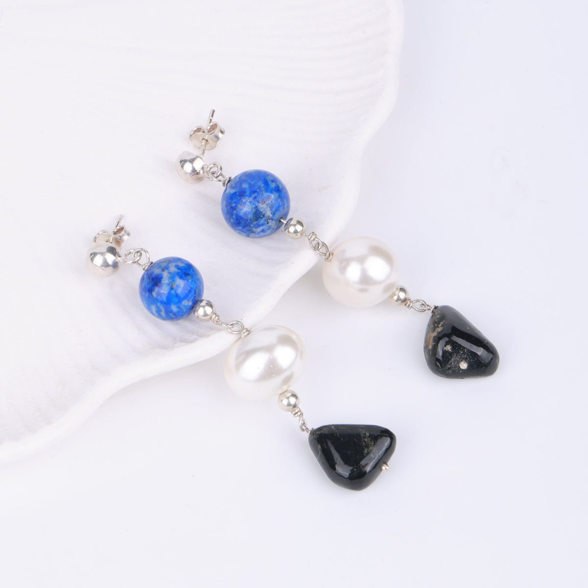 Lapis Lazuli, Shell Pearl & Tourmaline Earrings (Project Handmade)