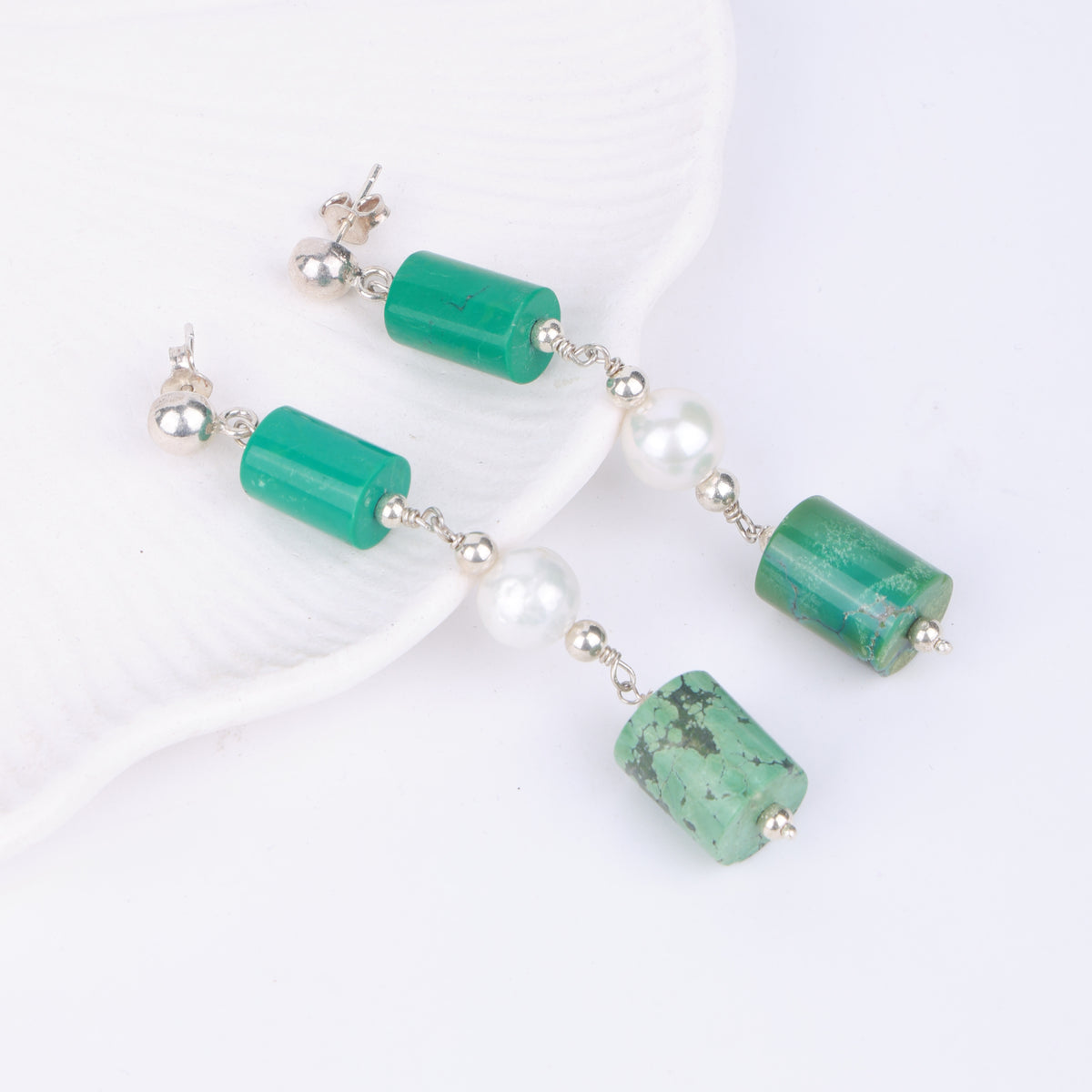 Tibetan Turquoise & Pearl Earrings (Project Handmade)