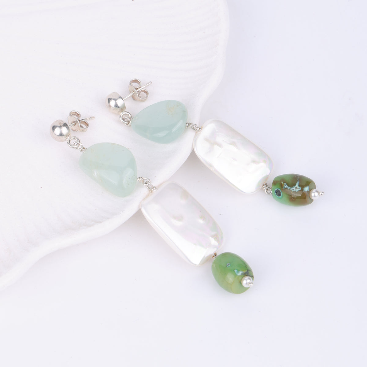 Aquamarine, Rectangular Pearl & Tibetan Turquoise Earrings (Project Handmade)