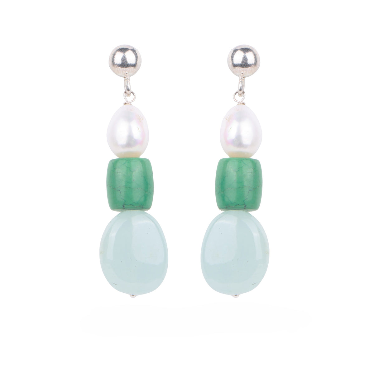Freshwater Pearl, Tibetan Turquoise & Aquamarine Earrings (Project Handmade)