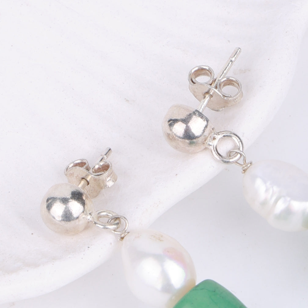 Freshwater Pearl, Tibetan Turquoise & Aquamarine Earrings (Project Handmade)
