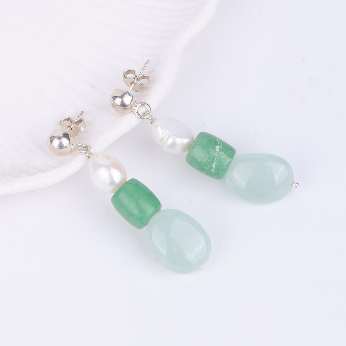 Freshwater Pearl, Tibetan Turquoise & Aquamarine Earrings (Project Handmade)