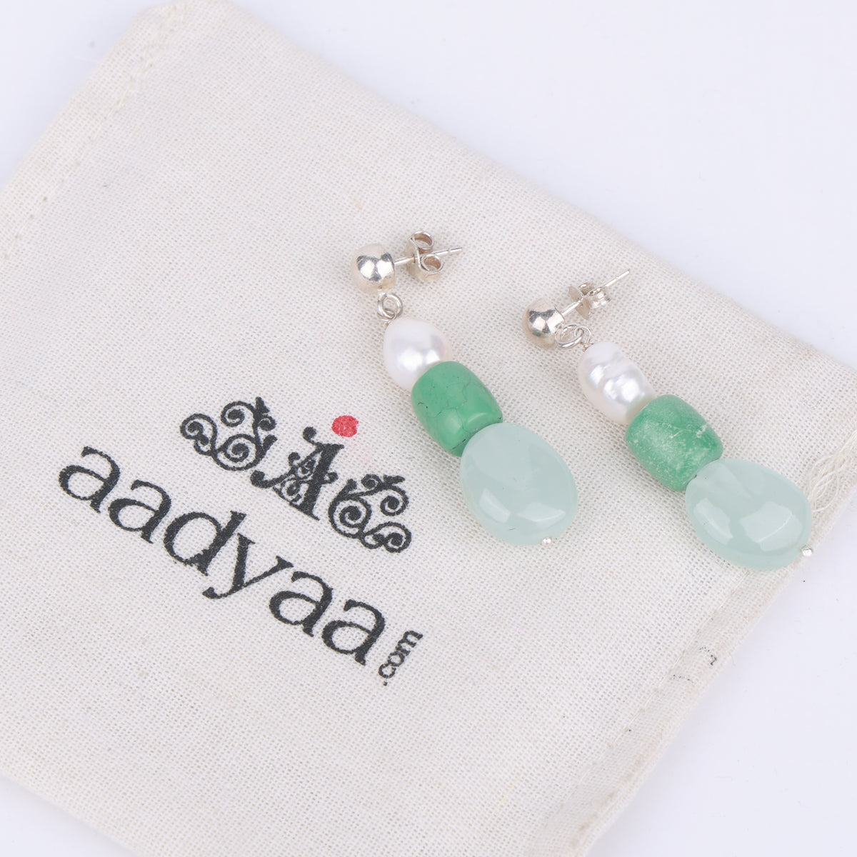 Freshwater Pearl, Tibetan Turquoise & Aquamarine Earrings (Project Handmade)