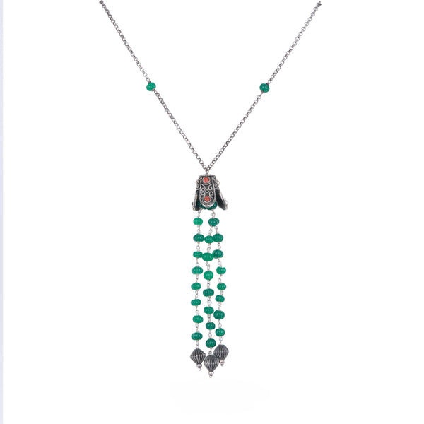 Silver Oxidised Chain & Tassel Necklace with Green Onyx