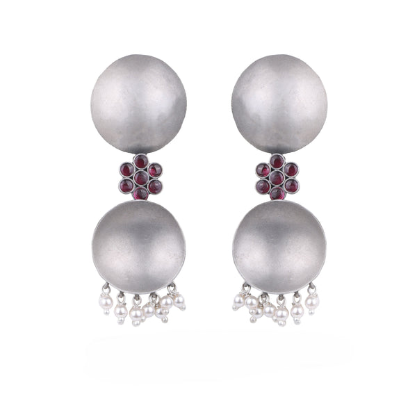 Silver Oxidised Tribal Earrings with Kempu Stone