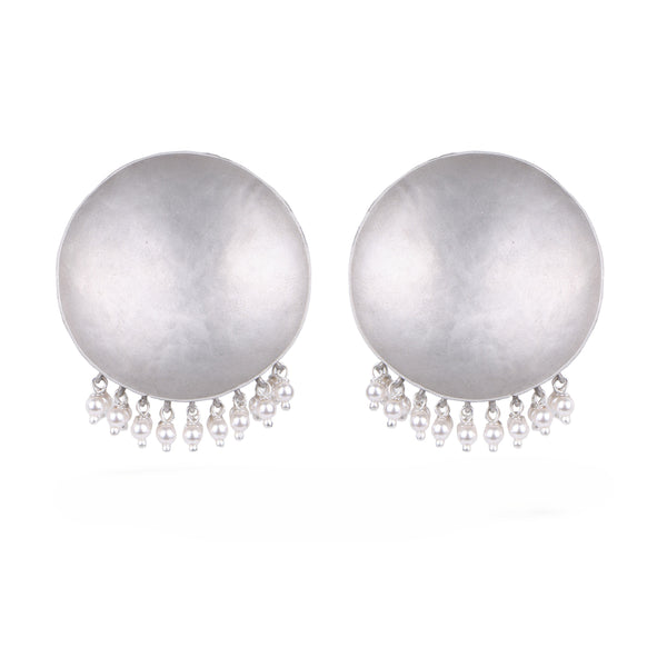 Silver Oxidised Tribal Earrings with Pearl Bunch