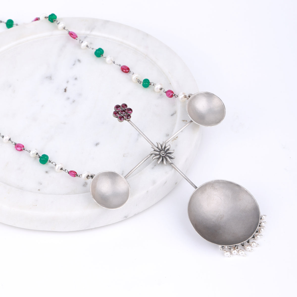 Silver Oxidised Concave Sun & Pink Kudi Necklace with Multicolour Stones