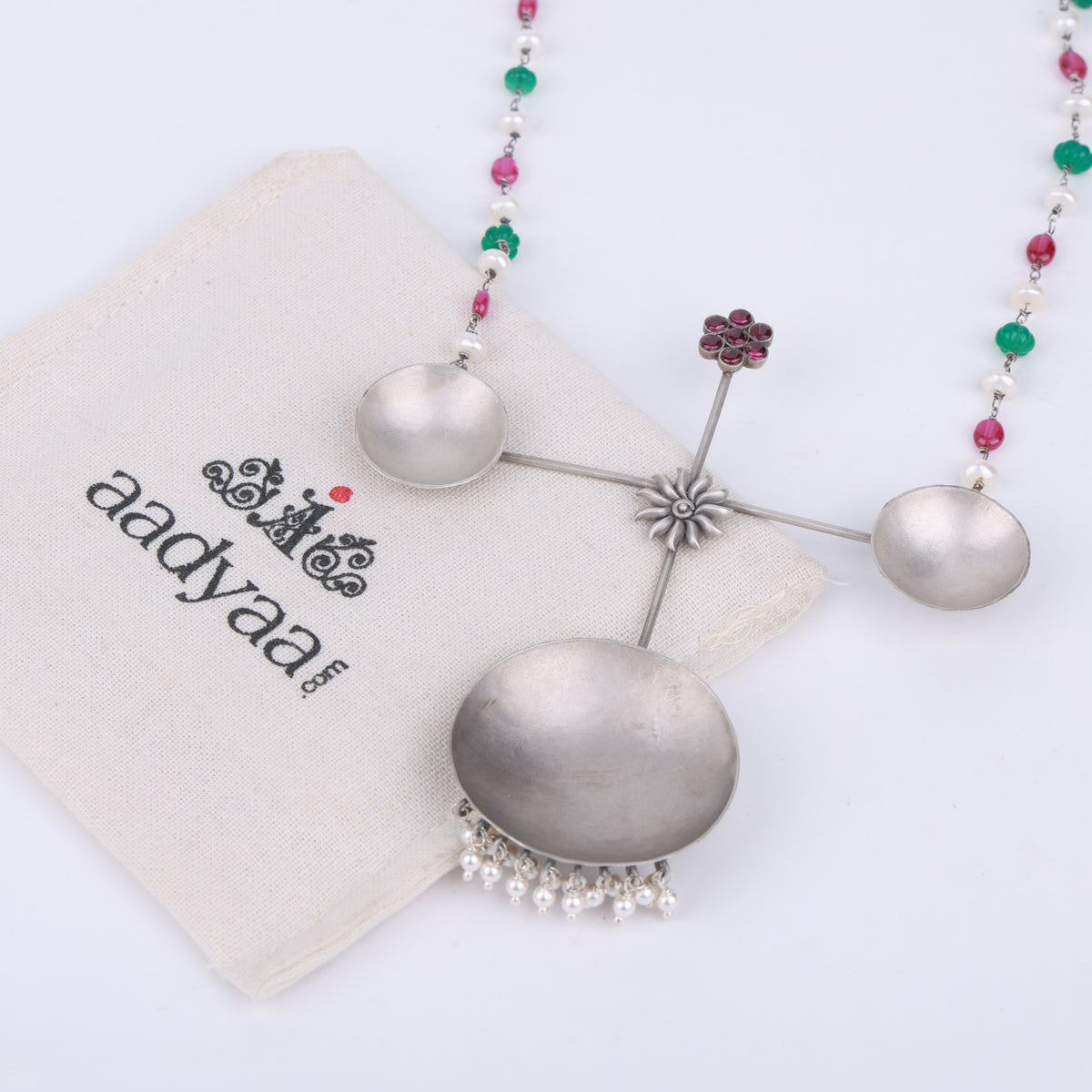 Silver Oxidised Concave Sun & Pink Kudi Necklace with Multicolour Stones