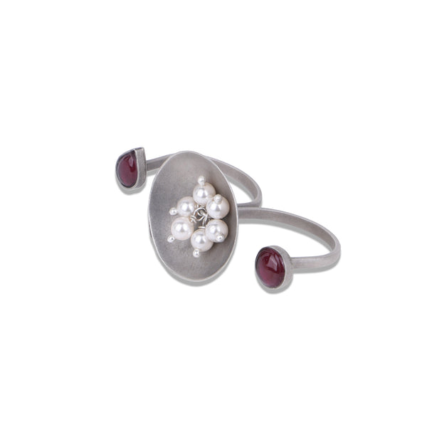 Silver Oxidised Tribal Two-Finger Ring with Pearl Bunch & Kempu Stone