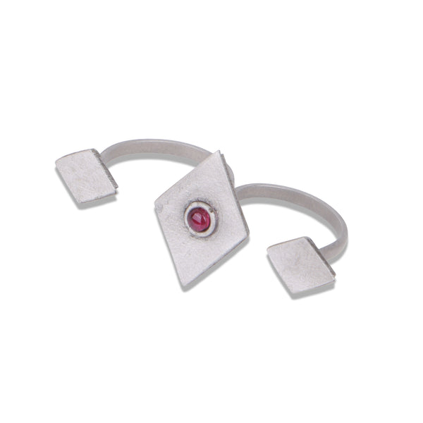 Silver Oxidised Diamond with Kempu Stone Tribal Two-Finger Ring