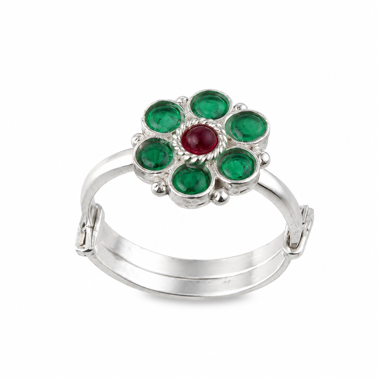 Bageecha Green Flower Ring | 92.5 Silver | Kempu stones