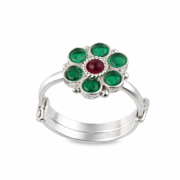 Bageecha Green Flower Ring | 92.5 Silver | Kempu stones