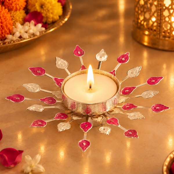 Silver Plated Candle Diya with Pink & Beige Enamel