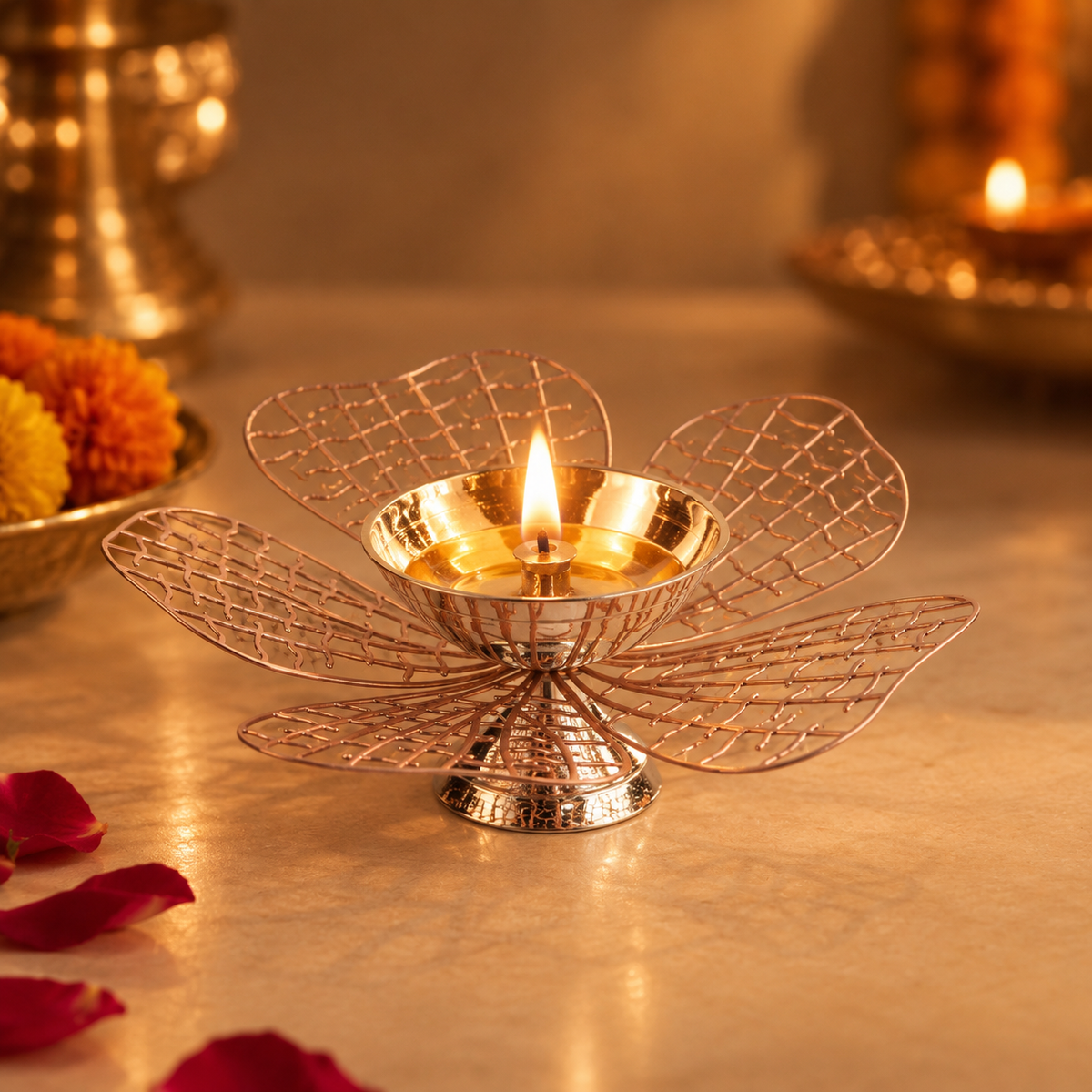 Silver Plated Metal Alloy Flower Diya