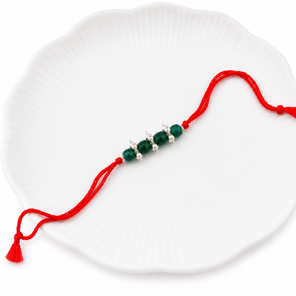 92.5 sterling silver Rakhi with natural green onyx and pearls