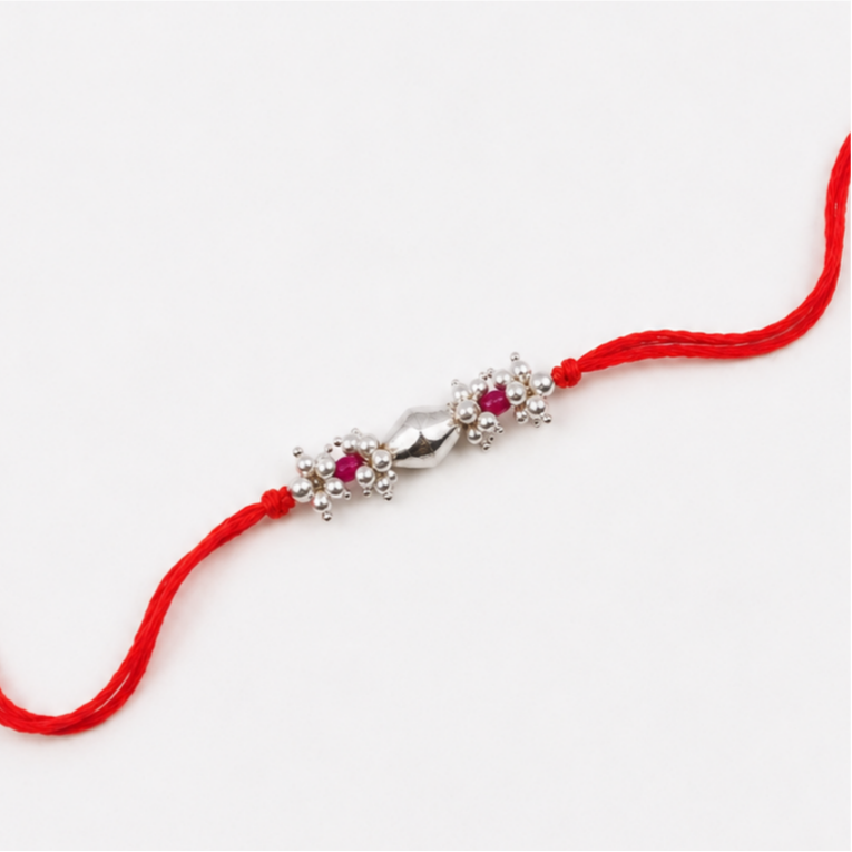 Silver Dholki Bead, Ruby & Pearl Bunch Rakhi (Project Handmade)