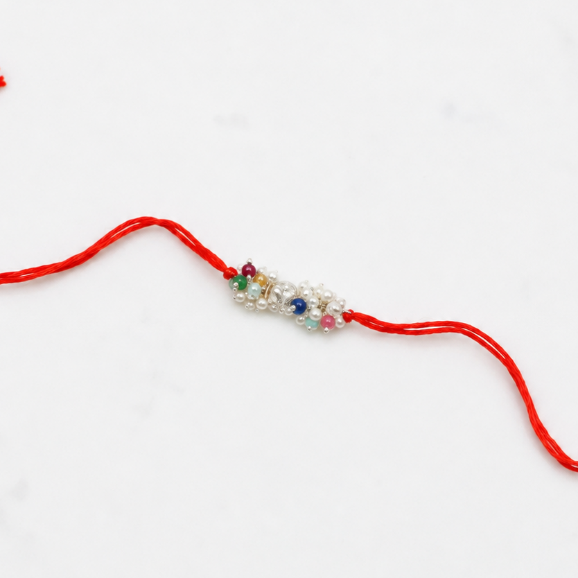 Silver Bead & Multicolour Stone Bunch Rakhi (Project Handmade)