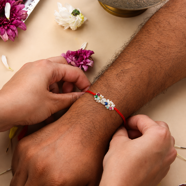 Handcrafted silver bead and multicolour stone Rakhi for Raksha Bandhan