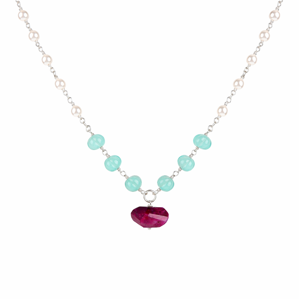 Multicolour Stone Necklace with Pearl Ganthan