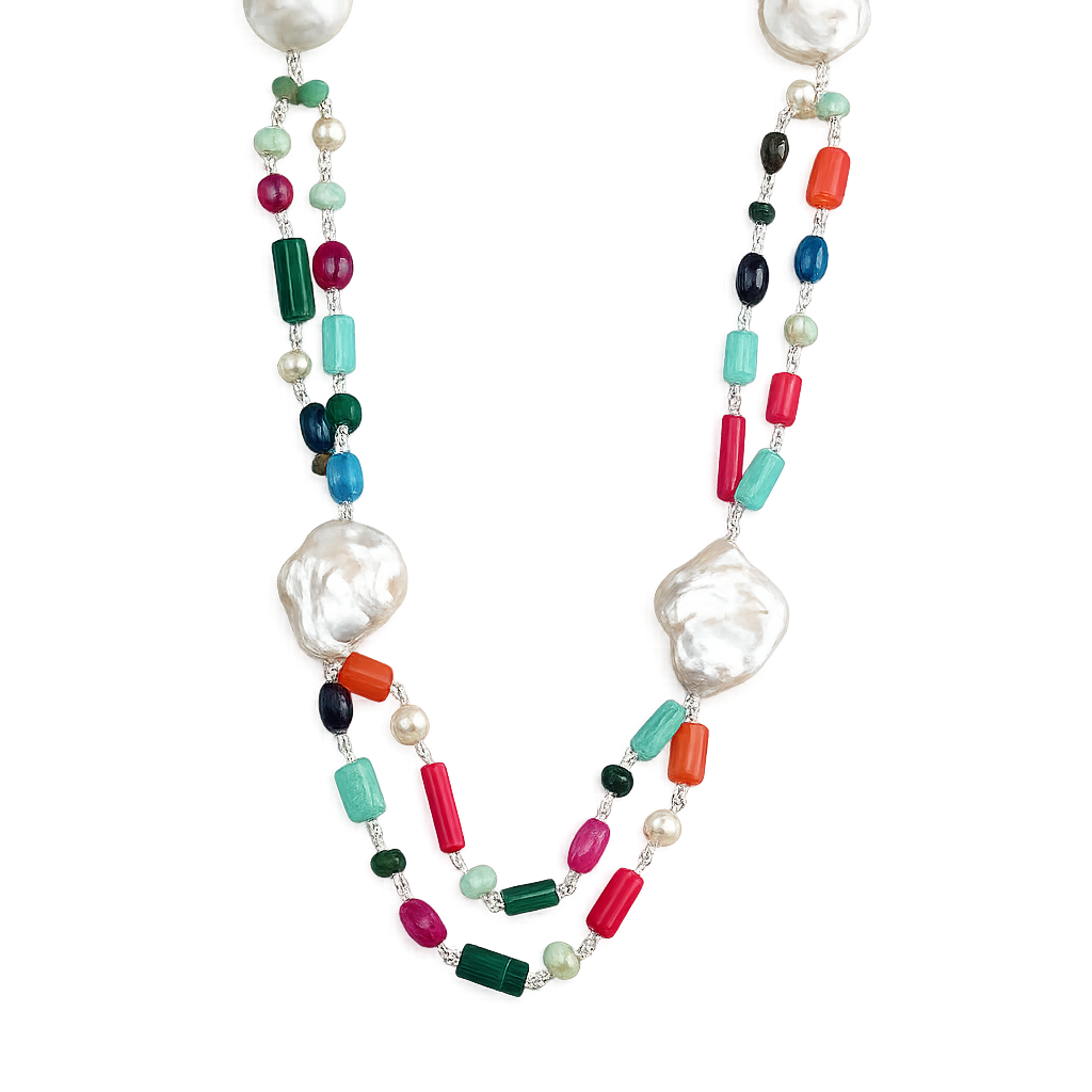 Double Layered Multicolour Necklace with Baroque Pearls