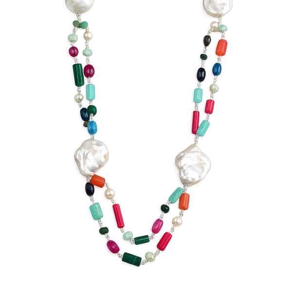 Double Layered Multicolour Necklace with Baroque Pearls