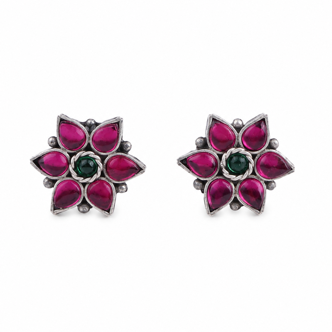 Silver Pink Nakshatra Flower Earring