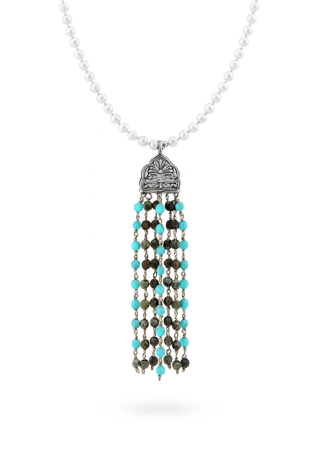 Luxe Necklace Larimar and Swarovski Pearls Unakite stones