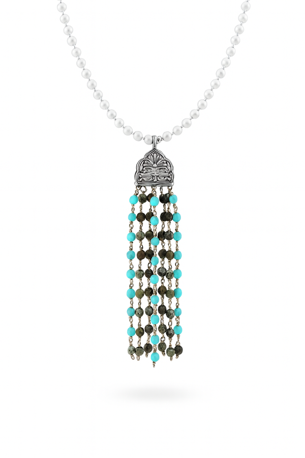 Luxe Necklace Larimar and Swarovski Pearls Unakite Stones front view