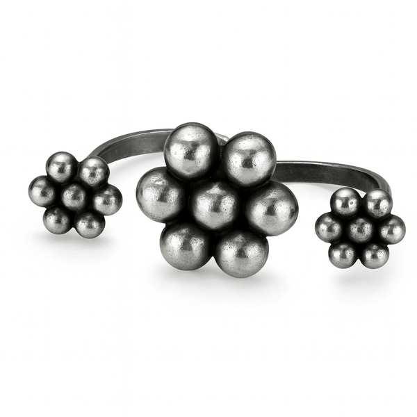 Sterling silver Kudi Two Finger Ring with clustered ball design for jewelry lovers