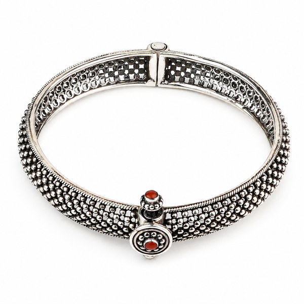 Silver Oxidised Textured Bangle with Red Stone