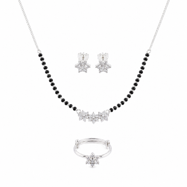 Classic CZ Flower Motif Mangalsutra Set with Ring – Small